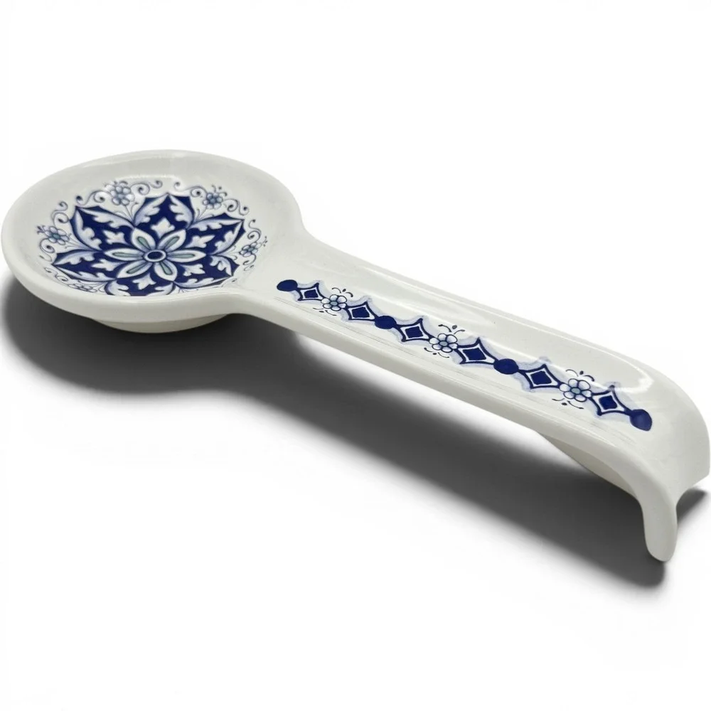 Nova Deruta Italy Blue & White Ceramic Spoon Rest Floral Italian Pottery